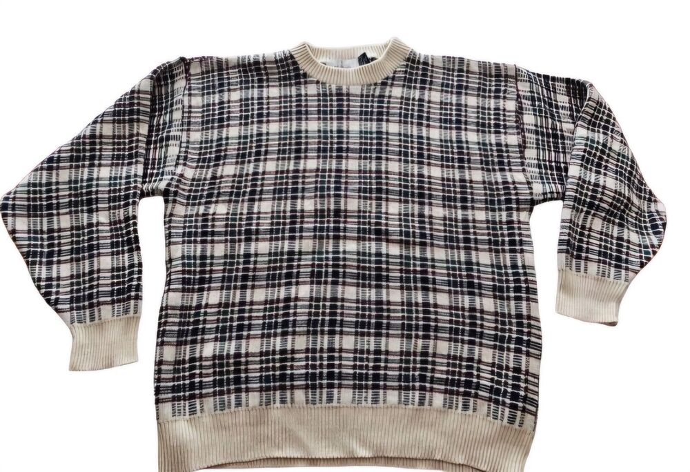 Vintage Bill Blass Sweater Knit Pullover Crewneck Plaid Made USA Mens XL